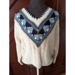 Huntington Ridge Hand-Knitted Sweater L Ramie Acrylic V-Neck Cable Knit